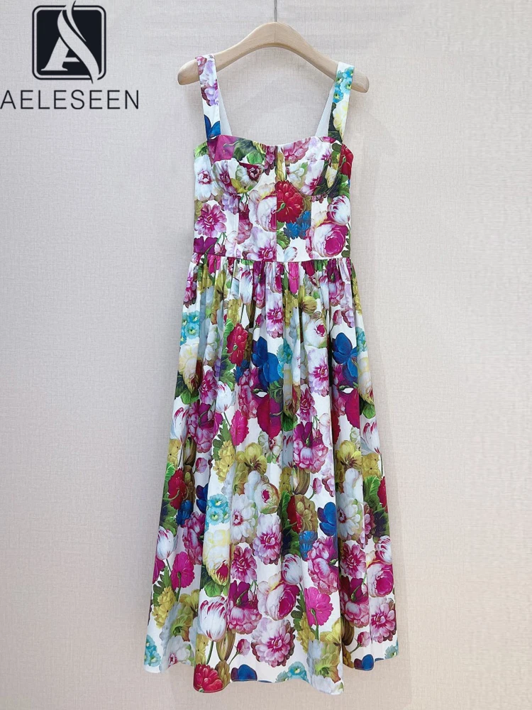 

AELESEEN High Quality Sicilian 100% Cotton Dress For Women Spaghetti Strap Elastic Flower Print Elegant Long Beach Poplin
