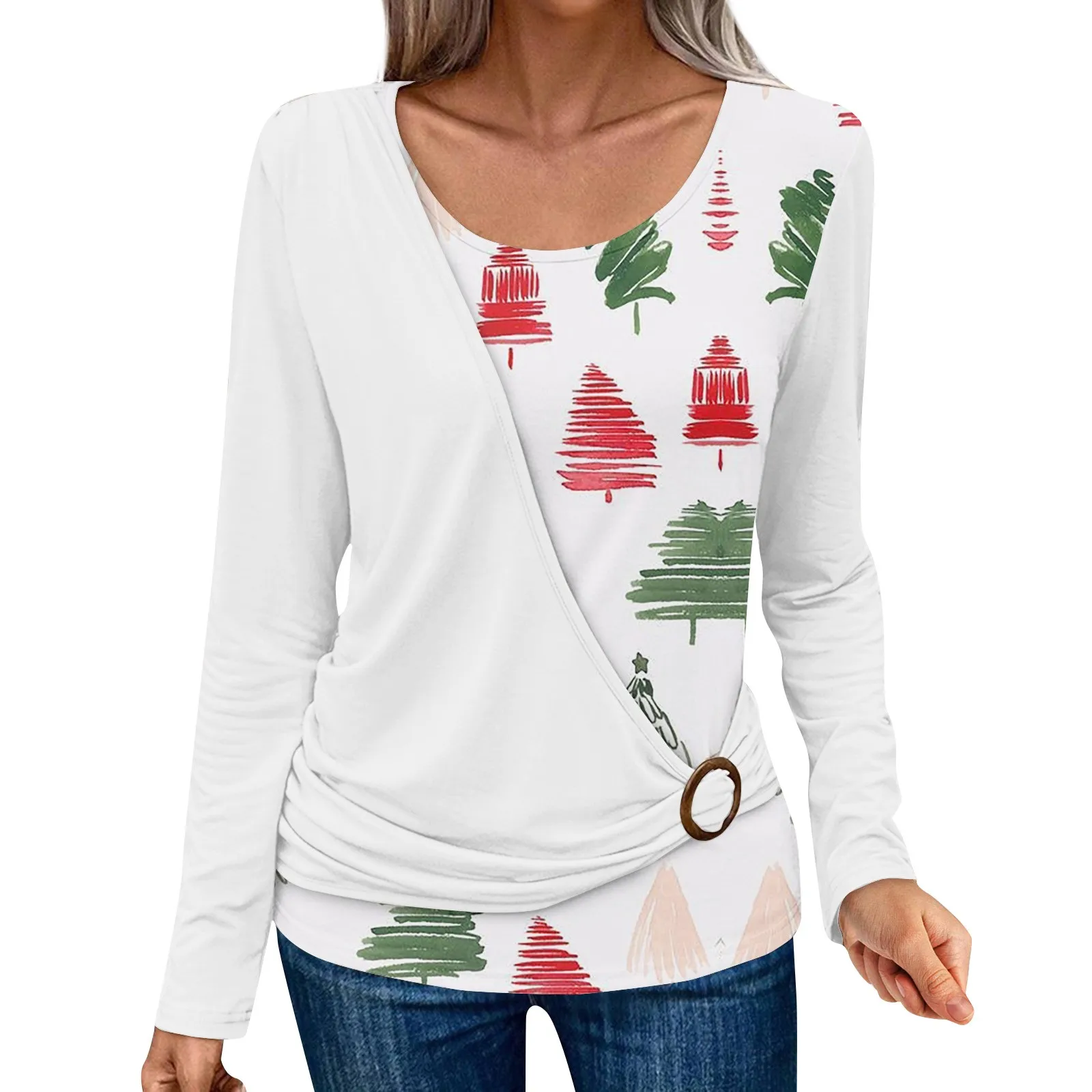 

Women's Tops Christmas Theme Printed Tops Fake Two-piece Stacked Pattern Printed Tops Autumn Unique Tops Pullover Casual Tshirt