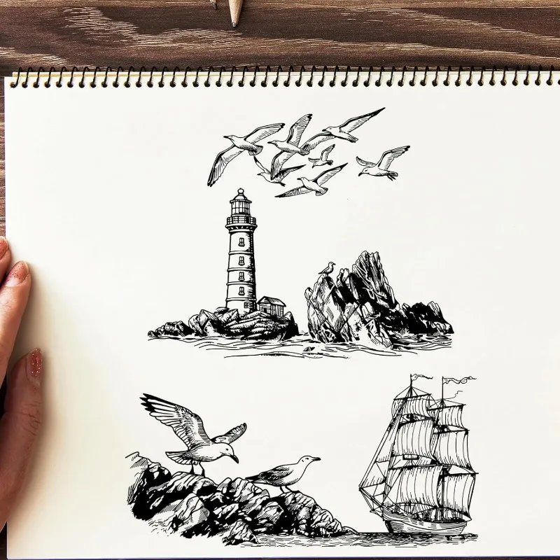 Clear Stamps 1Sheet Ocean Reef Lighthouse Silicone Clear Stamp Seals Sailboat Seagulll for DIY Scrapbooking