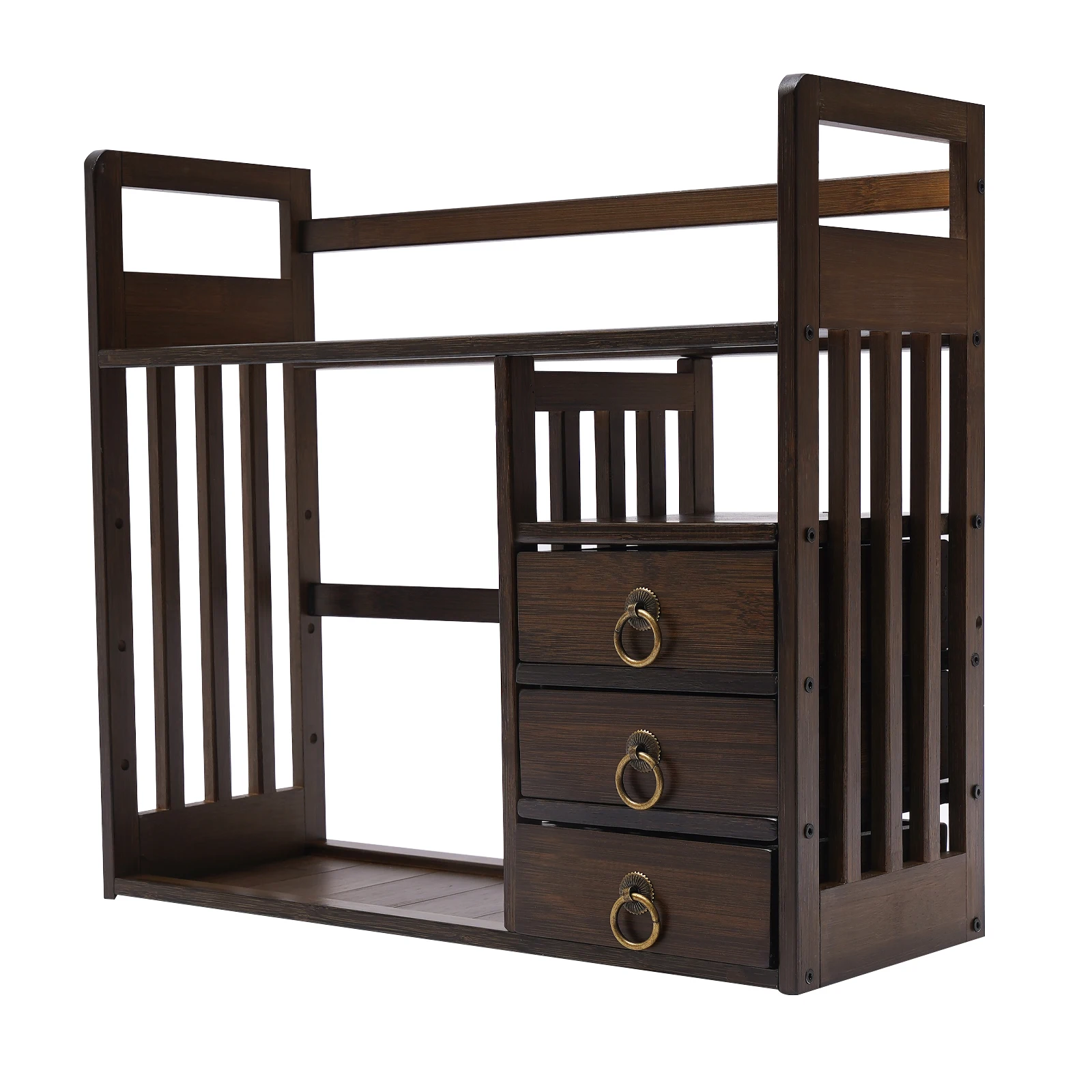 Bamboo Desktop Bookshelf with 3 Drawers, Desktop Storage Cabinet, Office Storage Organizer Student Desktop Multi-Layer Shelf 4