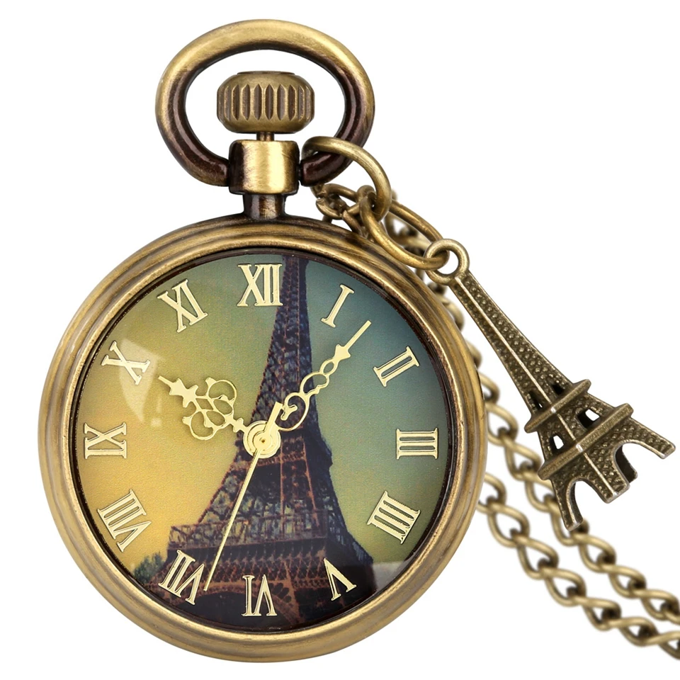 

Fashion Bronze France Eiffel Tower Paris Necklace Jewelry Quartz Pocket Watch Gifts for Men Women with Eiffel Tower Accessory