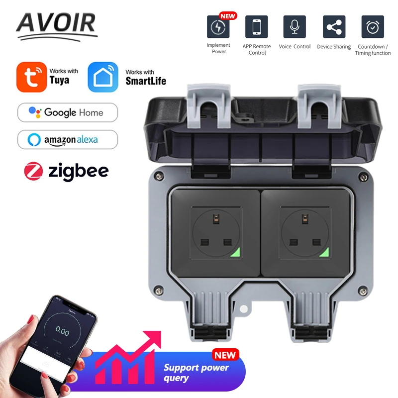 Avoir Tuya Zigbee Outdoor Electrical Outlet UK Plug IP66 Waterproof