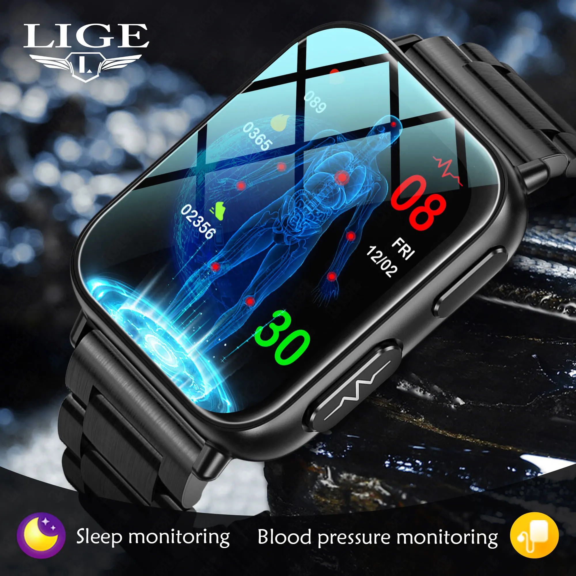 

LIGE Noninvasive Blood Glucose Smart Watch Men ECG Heart Rate Monitor Thermometer 1.91 Inch HD Sports Waterproof Men Smartwatch