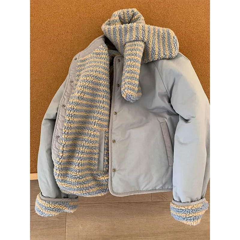 MEXZT with Scarf Parkas Women Fashion Lamb Wool Patchwork Puffer Jacket Korean Fleece Down Coats Winter Cotton Padded Outerwears