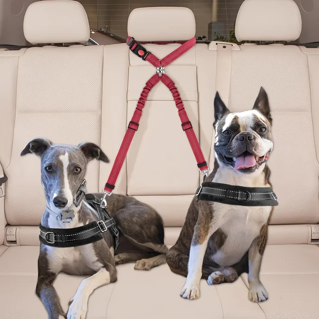 1Pcs Pet Dog Seat Belt Car Supplies Dog Cat Car Fixed Dog Chain Buffer Traction Car Safety Rope One Belt Two Dog Leash 6