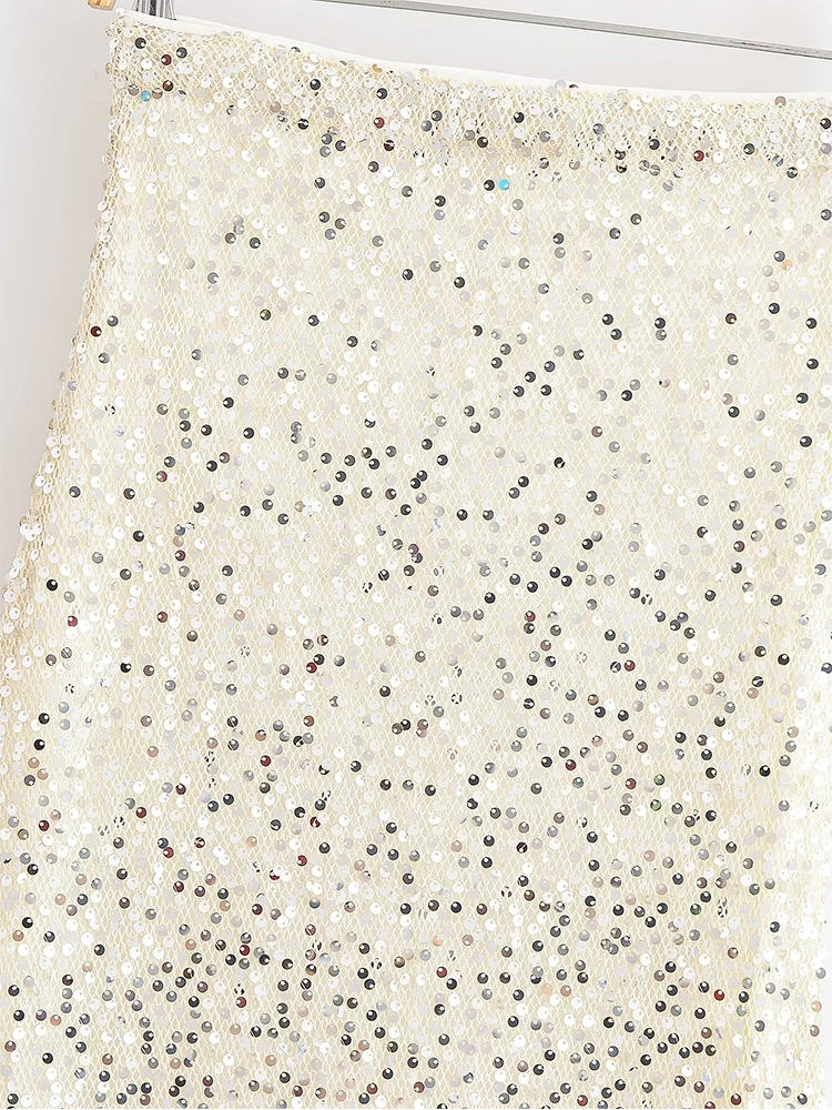 Women's Chic Elegant Sequin Skirt With Lining High Waist Midi Skirts For Women 2025 New Fashion Evening Party Skirts