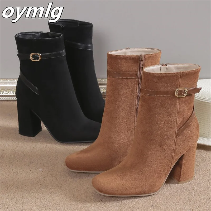 Winter New Fashion Boots Women's Temperament Pointed Suede Belt Buckle Thick Heels High Heels Large Size Short Boots Wholesale