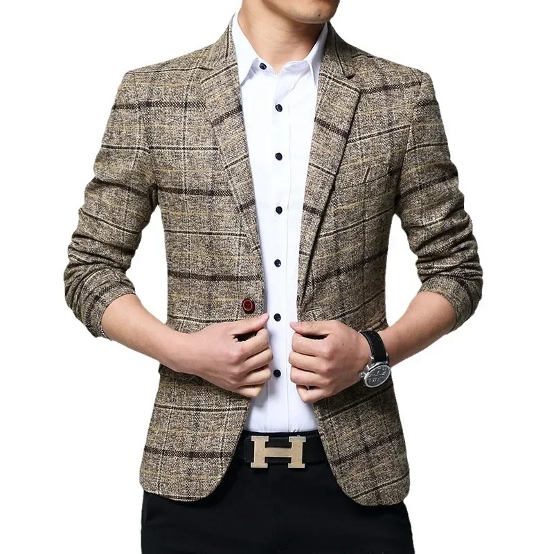 Autumn Men's Plaid Single Western-style Blazer Slim Fit Korean Youth Fashion Solid Color Simple Style Casual Wedding Suit 5