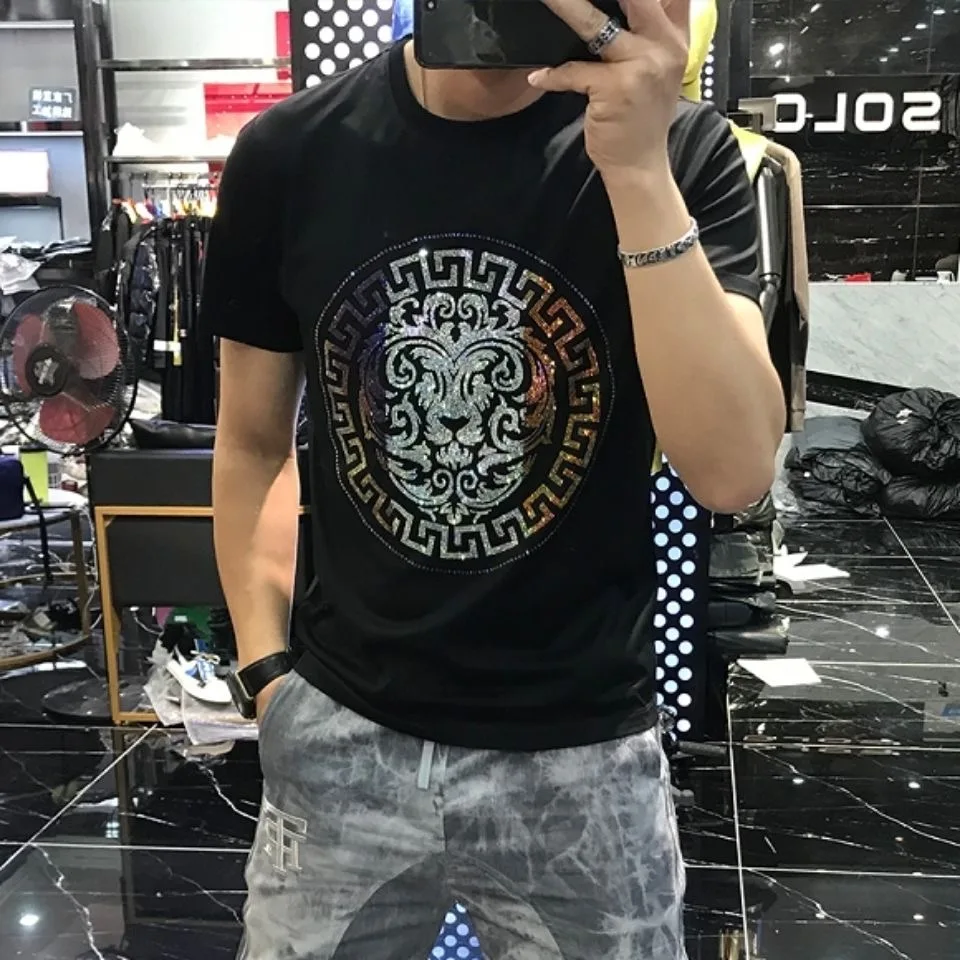 

men fashion high quality new men tshirt with Rhinestone Luxurious design 100% cotton 2023 man top tees