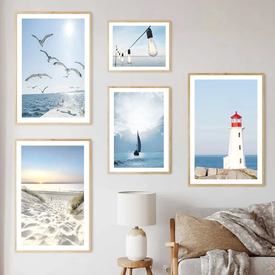 

Маяк океана, пальма, птица, пейзаж, настенное искусство, картина маслом, скандинавский постер и печать, украшение для гостиной, Настенная картина