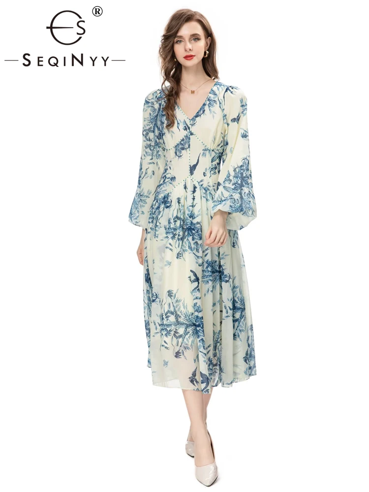

SEQINYY Casual Midi Dress Summer Spring New Fashion Design Women Runway Lantern Sleeve Vintage Blue Flower Print Beading A-Line