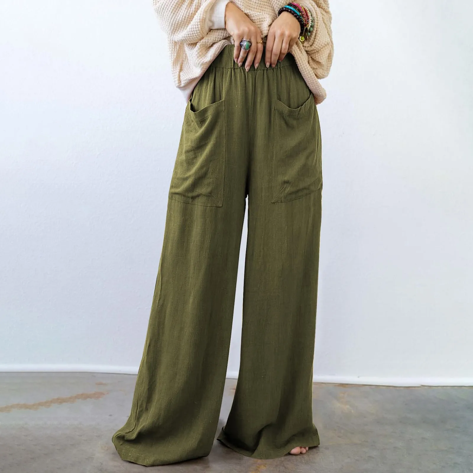

Wide Leg Pants for Women Elastic Waist Drawstring Solid Color Linen Pants Causal Loose Summer Beach Pants With Pockets