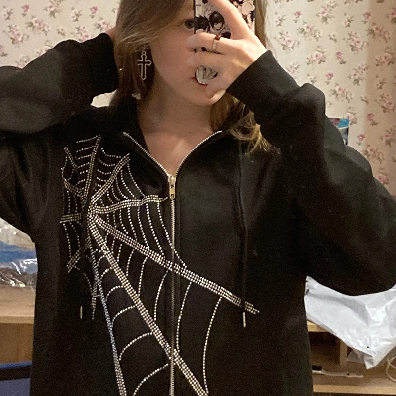 

Spider Web Black Rhinestones Hoodie Sweatshirt Zipper Warm Harajuku Punk Goth Grunge Y2k Clothing Women Hip Hop Sweatshirts Tops