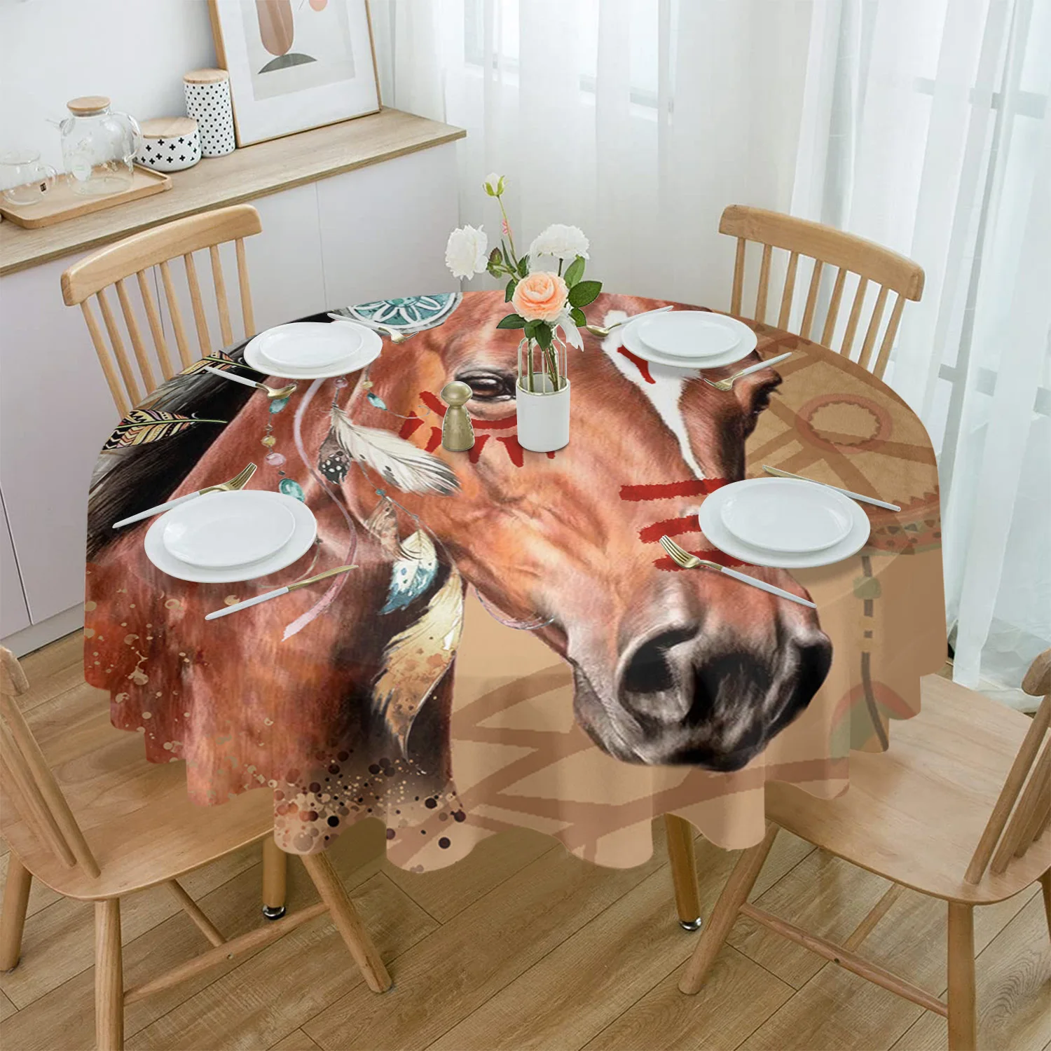 

Horse Indian Feather Round Tablecloth Waterproof Table Cover for Wedding Party Decoration Dining Table Cover