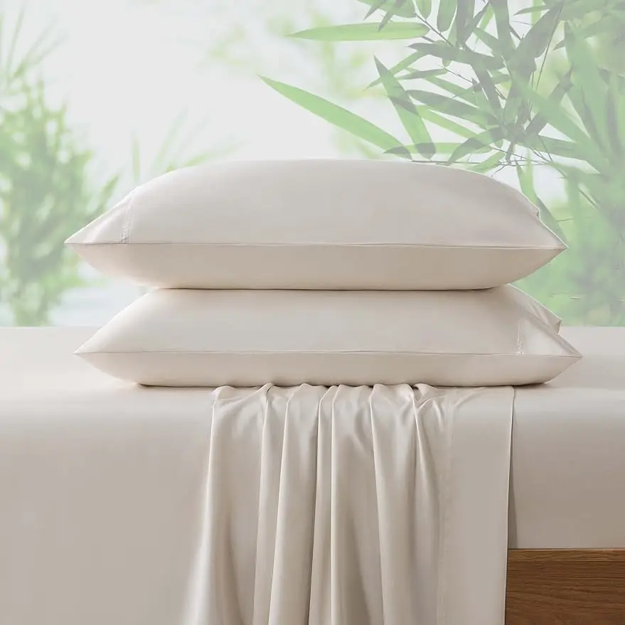 

4 bamboo sheets, 100% organic bamboo cooled sheets, soft and breathable, with sheets with 1 sheet, 1 sheet, 2 pillowcases, beige