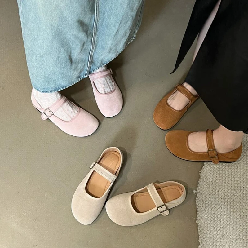 

Ugly Cute Mary Jane Women Flat Shoes Cow Suede Girl Style Flats Shoes Woman One Word Buckle Student Retro Flat Shoes Ladies