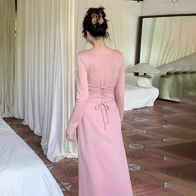 Women Dress y2k Clothes Solid Color Ruffle Tie Up V Neck Long Sleeve Bodycon Long Dresses Party Dresses Streetwear