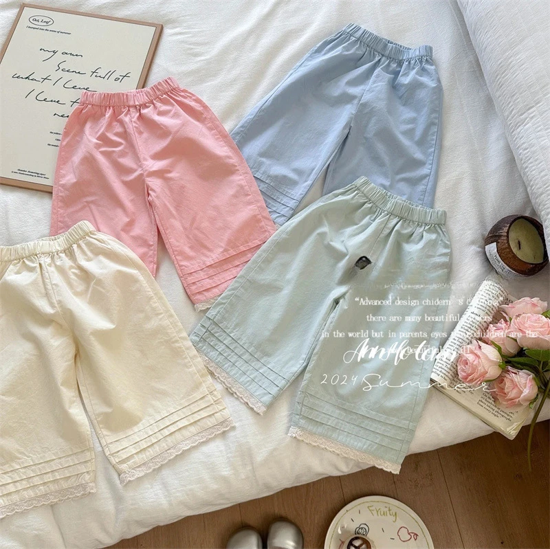 

Girls Summer Pants 2024 Summer New Childrens Wear Lace Casual Pants Korean Edition Solid Color Thin Trendy Style