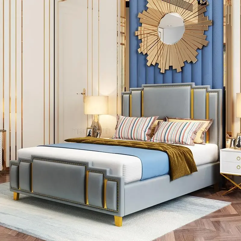 

Nordic High Back Upholstered Bed Large Storage Space Simple Modern Hotel Apartment Household Double Bed Furniture Supplies