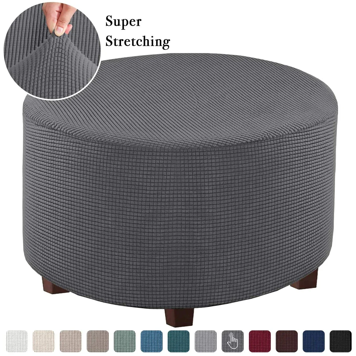 Stretch Jacquard Ottoman Slipcover - Furniture Protector for Round Storage and Folding Stools