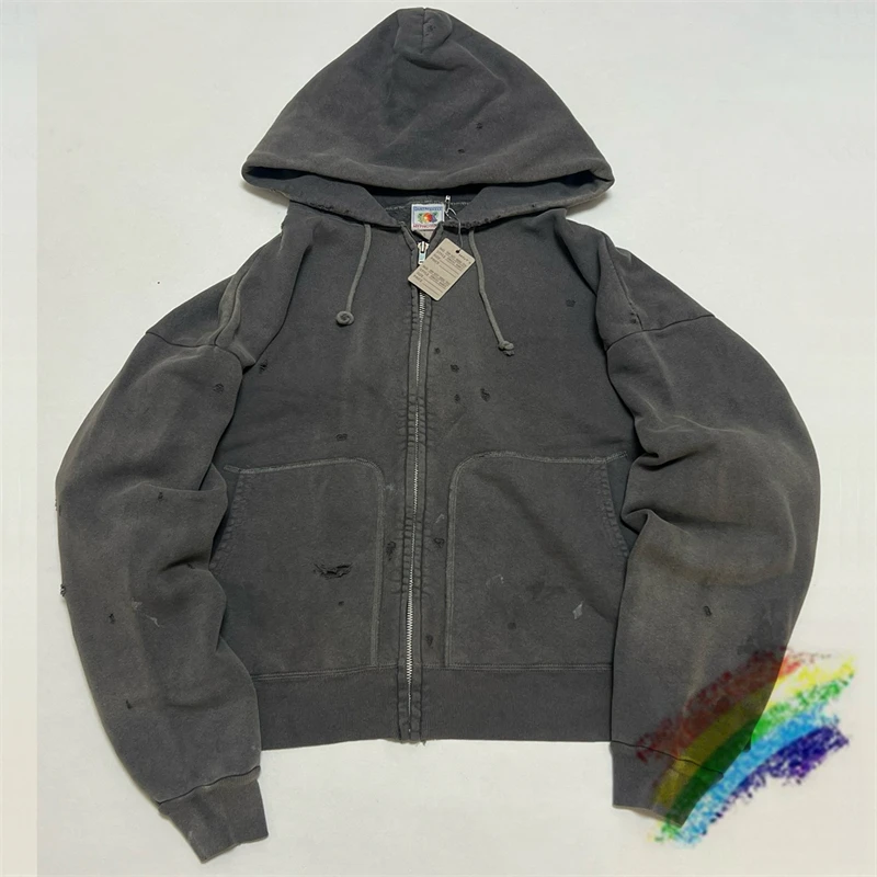 

VINTAGE SAINT ZIP PARKA DAMAGE Hoodie Men Women 1:1 High Quality Patchwork Heavy Fabric Oversized Pullovers