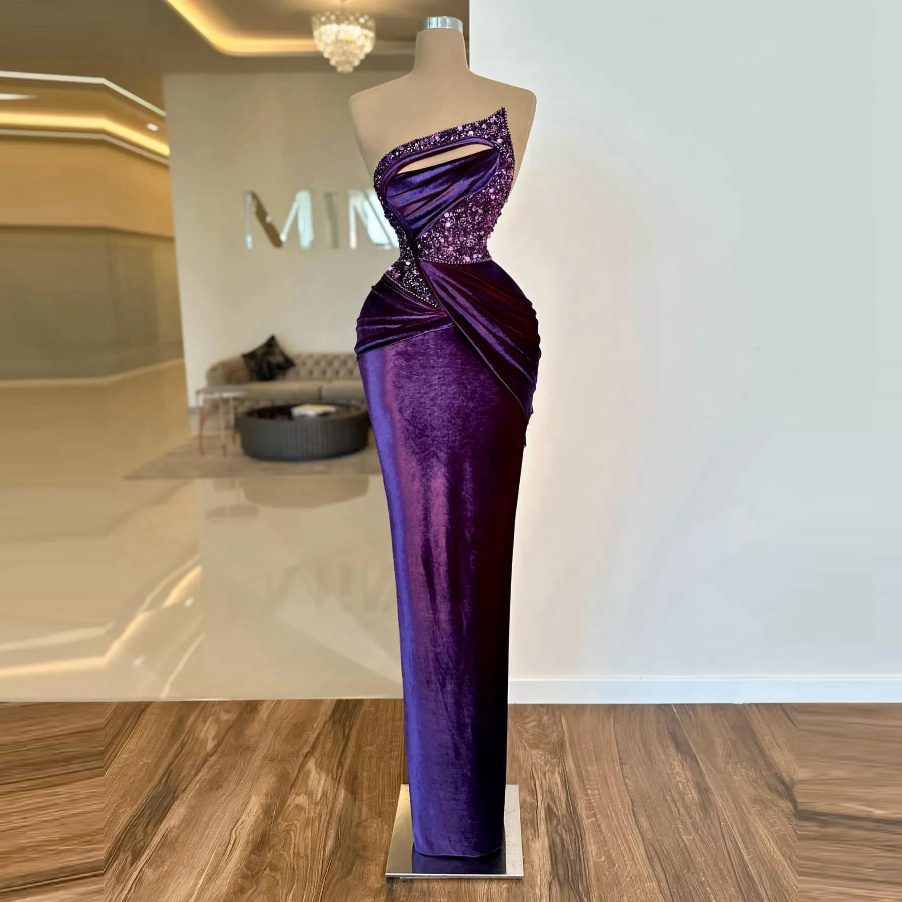 

Женское вечернее платье-Русалка без бретелек, фиолетовое плиссированное платье до пола без рукавов, расшитое бисером и блестками, для выпускного вечера