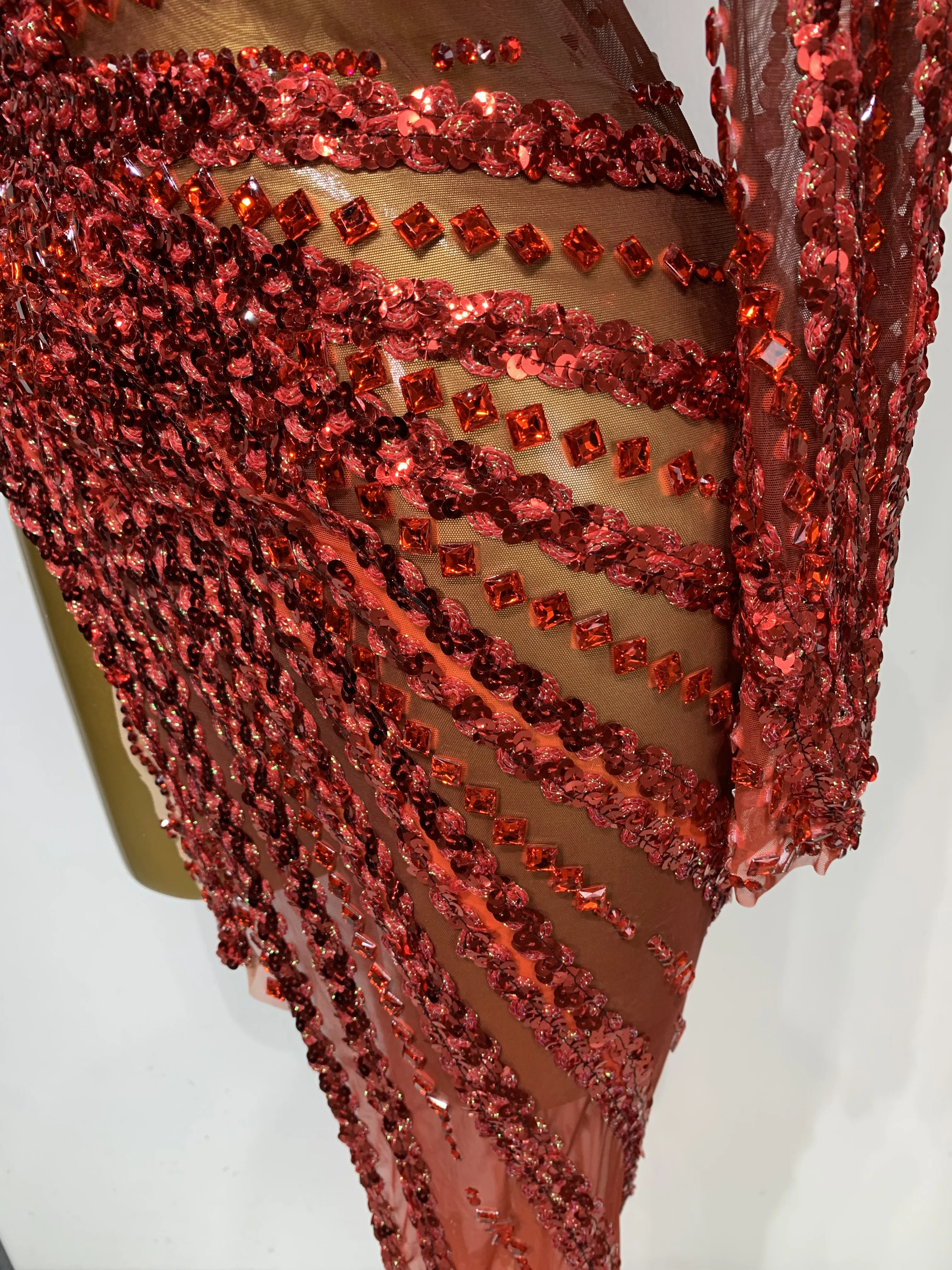Sexy Red Mesh See Through Diamonds Sequins Dress Luxury Birthday Evening Party Costume Bar Nightclub Stage Performance Outfit