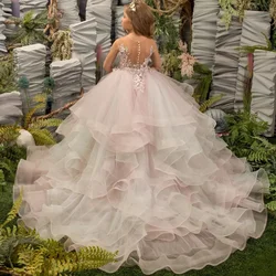 Elegant Tulle Fluffy Applique Sleeveless Layered Flower Girl Dress For Wedding Kids Birthday Party First Communion Ball Gowns