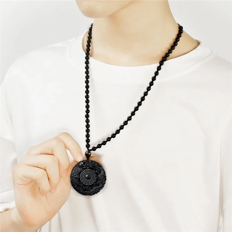 Natural Black Obsidian Dragon Phoenix Pendant Beads Necklace Fashion Charm Jewellery Hand-Carved Amulet Gifts for Her Women Men