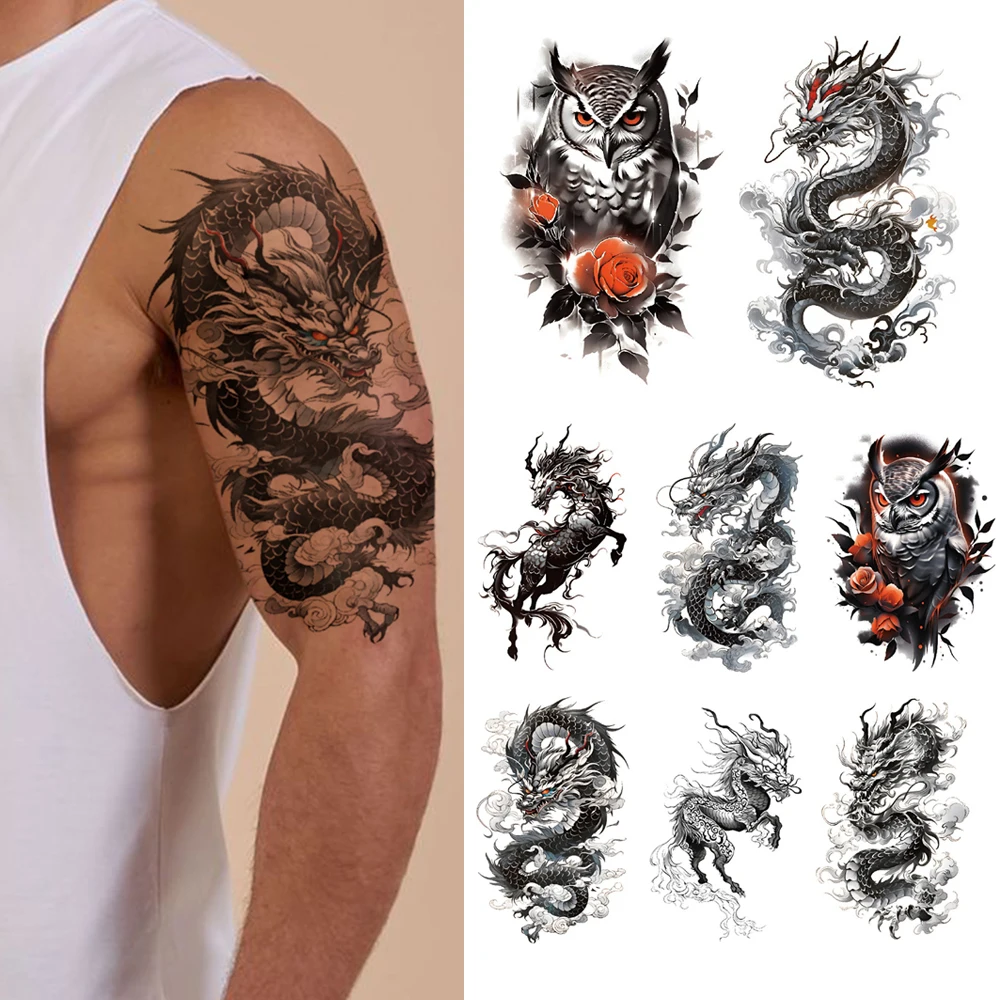 8pcs Waterproof Temporary Tattoo Sticker Flying Dragon Owl Rose Flowers Dark Animal Body Art Arm Fake Tattoos Sleeve Women Men 2