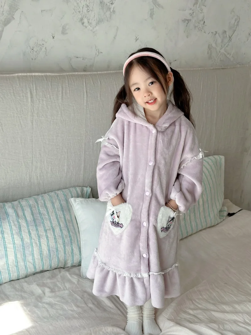 Sanrio New Girl Autumn Cartoon Kuromi Elsa Flannel Home Clothes Sleeping Skirt Warm and Cute Girl Sleeping Skirt Christmas Gift