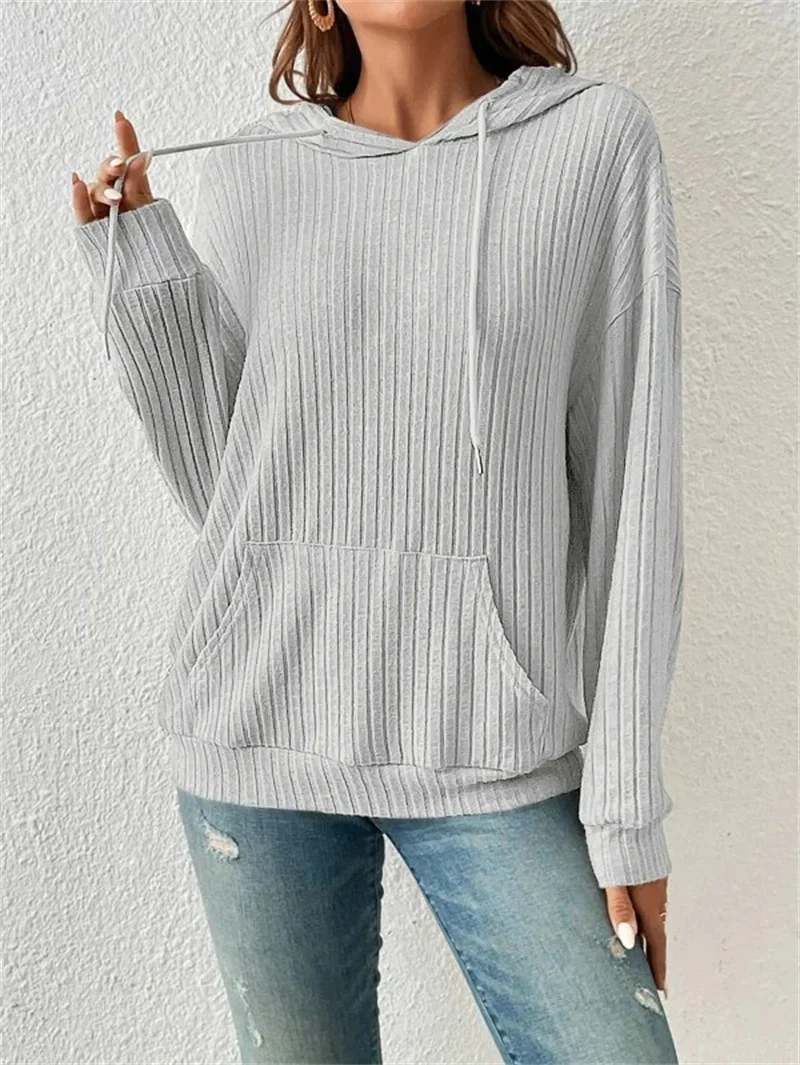 Solid Color Pit Stripe Splicing Kangaroo Pocket Hoodie Women Autumn Winter Casual Long Sleeve Hooded Sweatshirt Female Outerwear