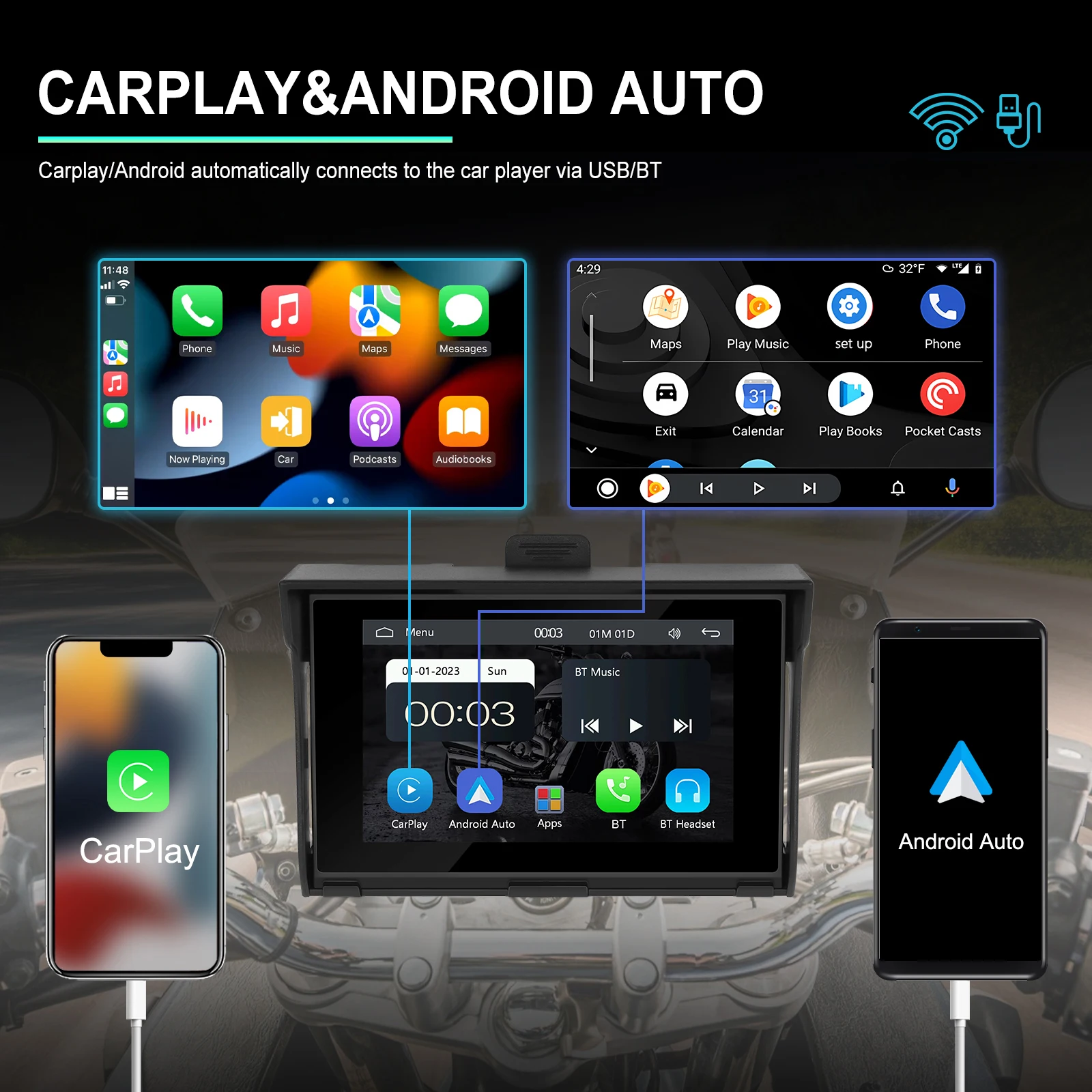 Podofo 5\'\' Motorcycle Carplay Portable Motorcycle Monitor Wireless Carplay Android Auto IP65 Waterproof GPS Navigation Player