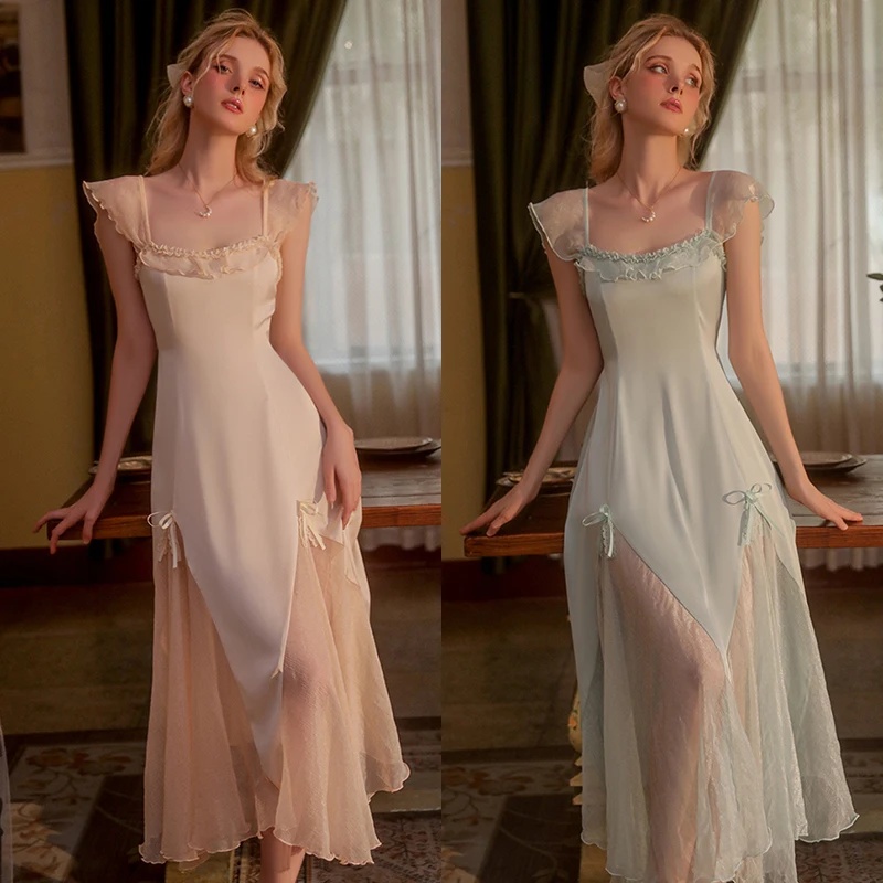 

Satin Social Evening Dress Women French Elegance Long Robe Silk Sleepwear Party Lace Longuette Nightgown Pajamas Camisole Summer