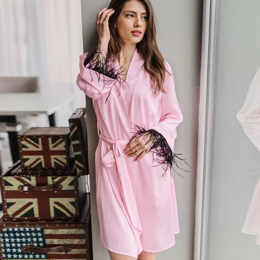 Restve Feathers Women Robes With Sashes Patchowrk Long Sleeve Home Robe