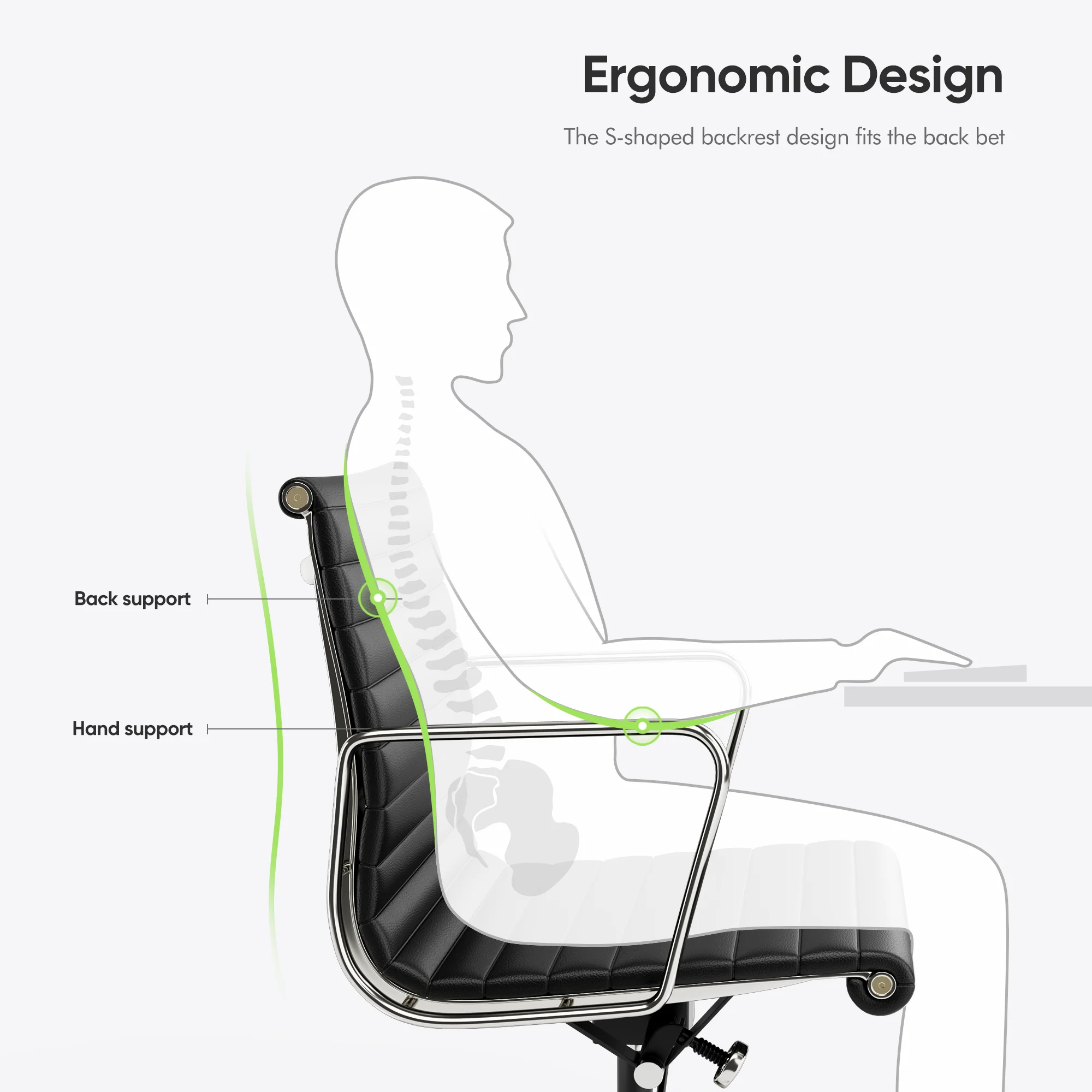 High Mid Back Ribbed Office Chair Genuine Leather Swivel Chair Adjustable Ergonomic Computer Chair with Aluminium Alloy Frame 3