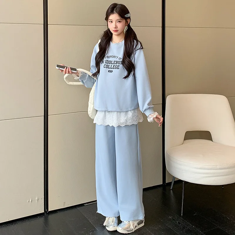 임부복 세트 가을 신상 한국 스타일 캐주얼 나이 감소 루즈 패치워크 레이스 프린트 스웨트셔츠와 바지 투피스 세트