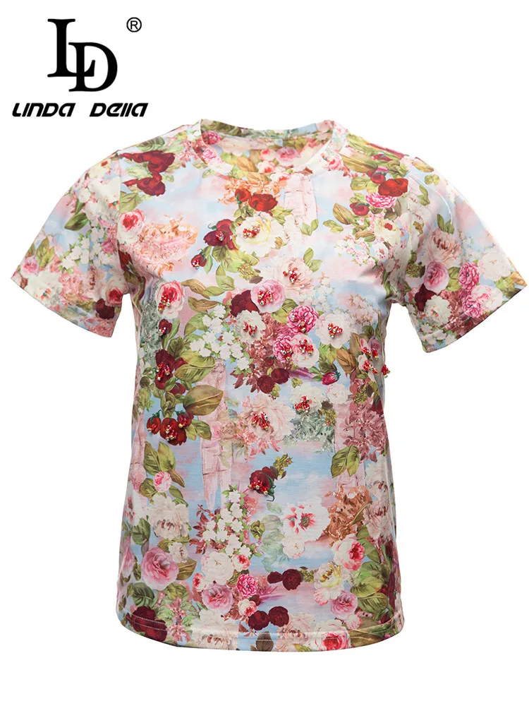 

LD LINDA DELLA 2023 Summer New Style Runway Designer Vintage Women Round Neck Print Extravagant Nail Bead Slim Fit T--Shirt