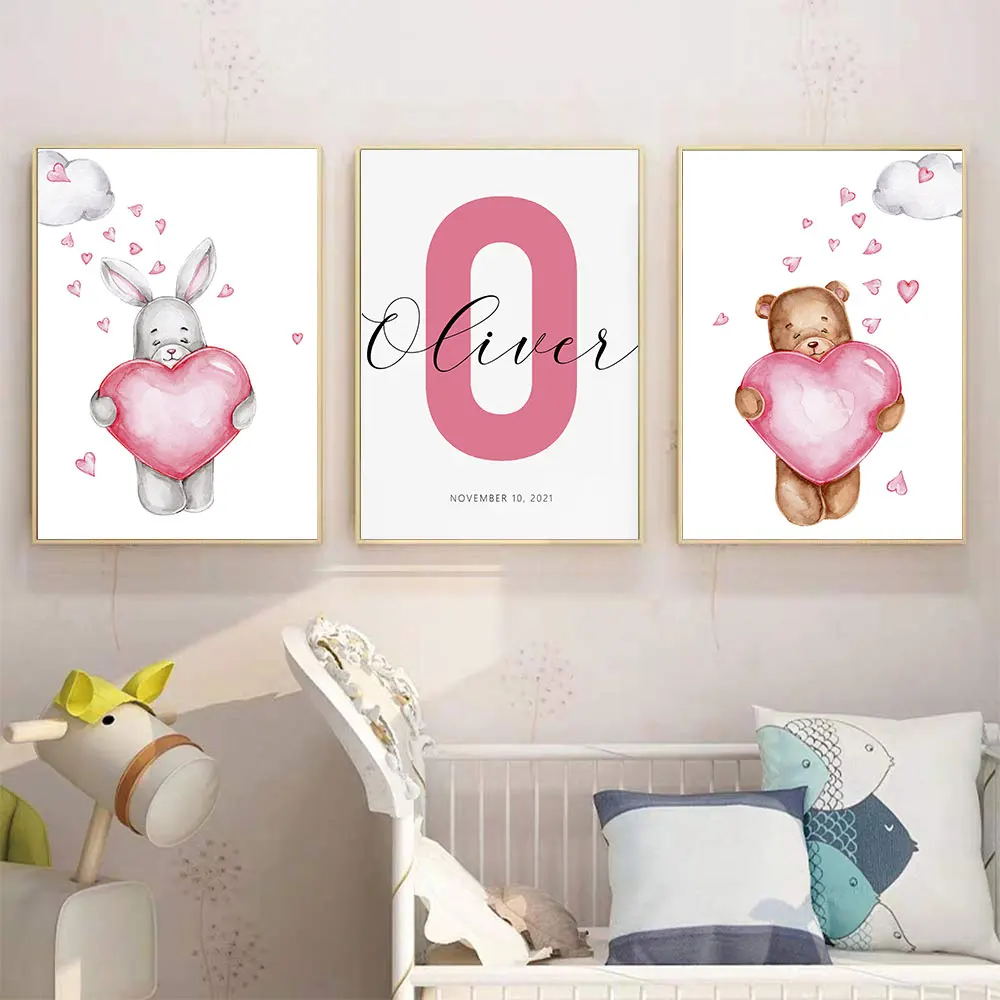 

Bear & Rabbit with Heart Canvas Painting Children's Room Decoration Wall Art Murals Pictures Personalized Baby Name Poster Print