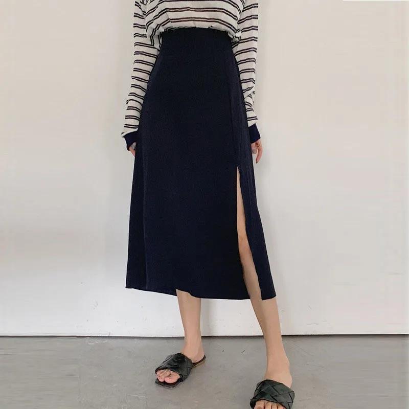 

Simple Skirts Women Black High-waist Side-split Midi Skirt Summer Fashion Stretchy Body-con A-line All-match New Elegant Faldas