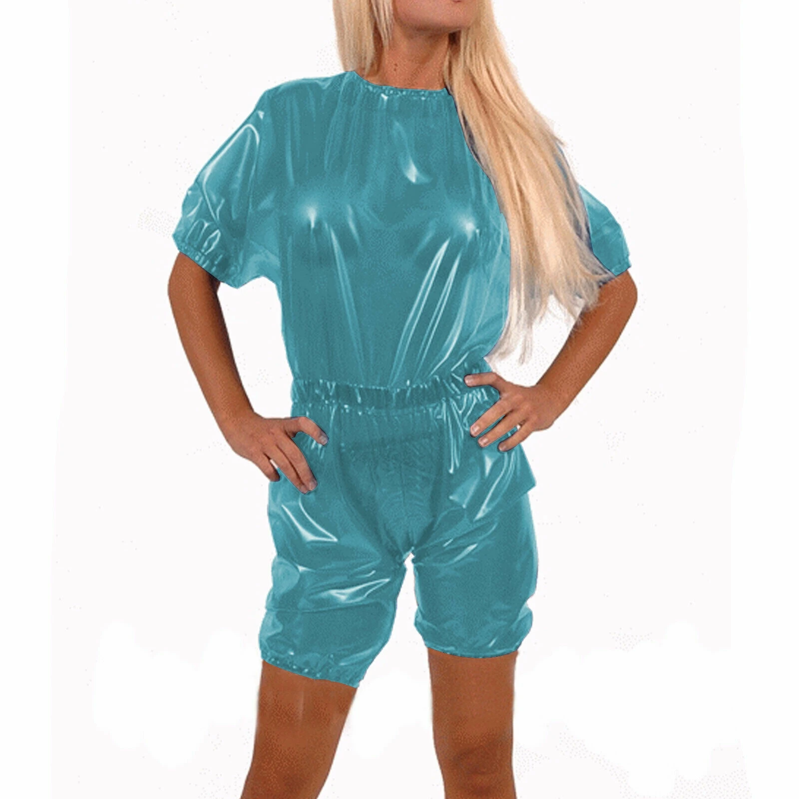 

100% Latex Rubber Gummi Sexy Bodysuit Overall Light Blau Catsuit Fixed XXL