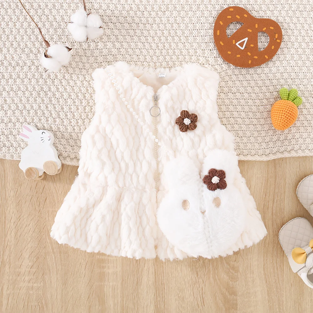 Autumn And Winter Flower Hairy Baby Girl Vest, Warm And Cute Girl'S Clothing With Bag