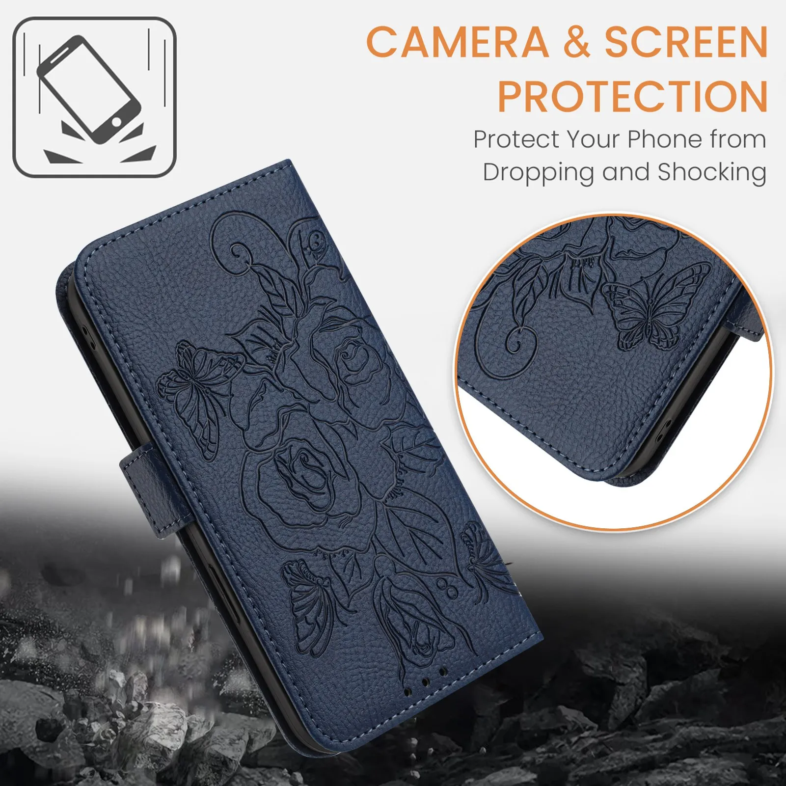 Elegant 3D Flower Embossed Leather Wallet Phone Case