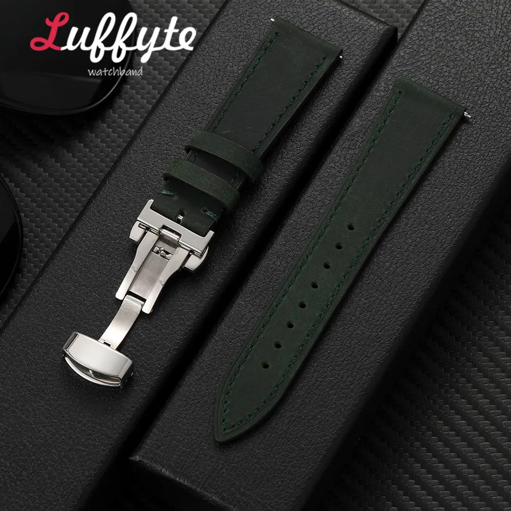 Men's Vintage Crazy Horse Leather Watch Band with Butterfly Buckle
