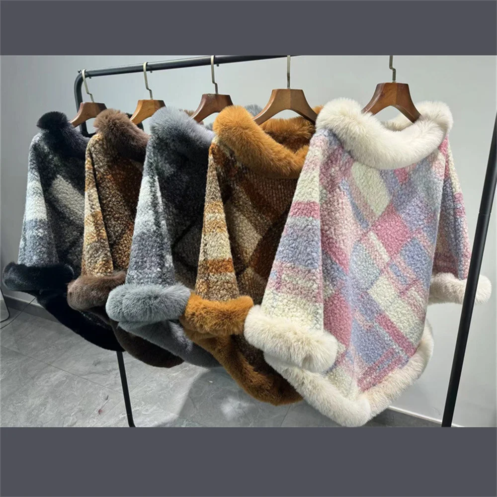Women Granular Velvet Striped Pullover Faux Fur O Neck Loose Cape Winter Cloak Thick Warm Bat Sleeve Shawl Coat