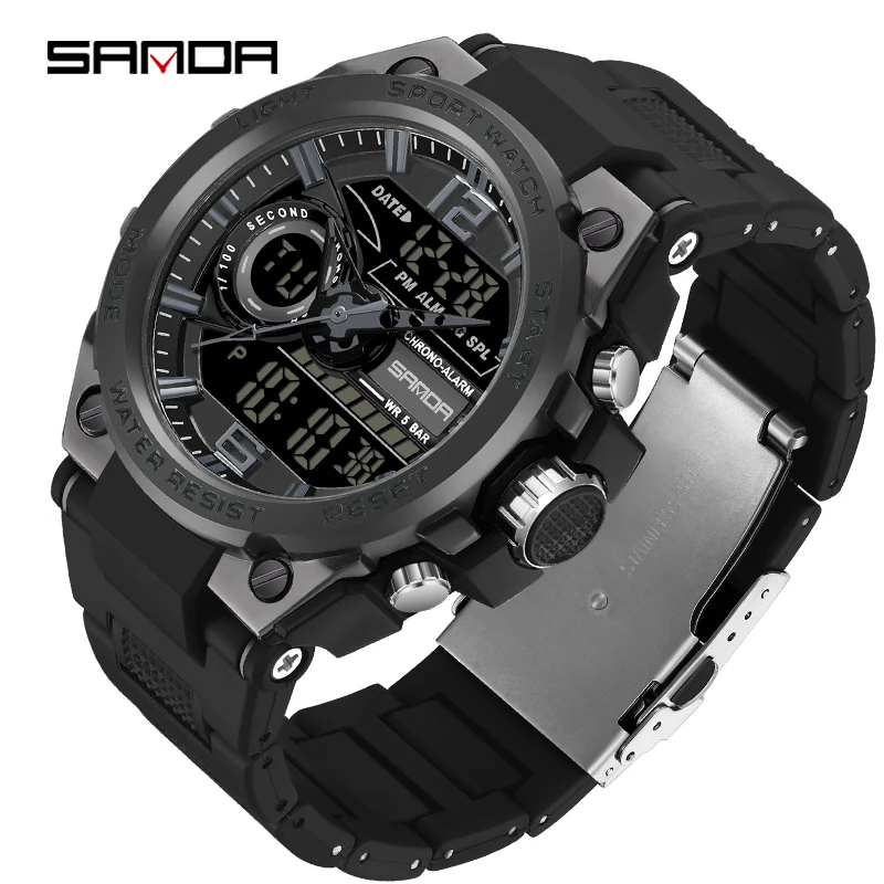 

SANDA Mens Watches Military 50M Waterproof Sport Stopwatch Alarm Double Display LED Digital Watch Men Big Dial Clock For Male
