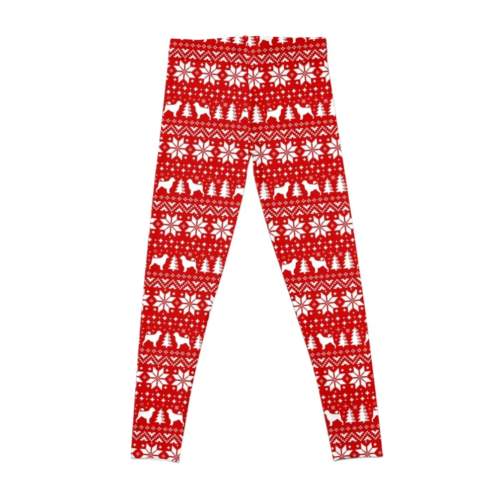 Portuguese Water Dog Silhouettes Red and White Christmas Holiday Pattern Leggings Women's high waist Womens Leggings