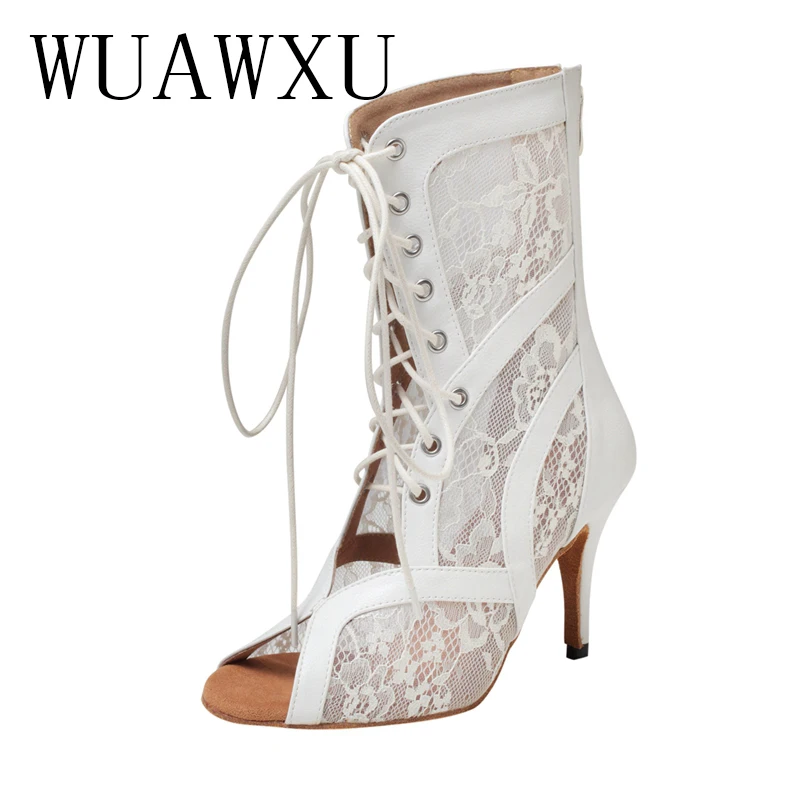 NATASHA New Dance Shoes Mesh Cool Boots Women's Summer Short Boots Hollow Lace Breathable Mesh Boots High Heel Dance Shoes Fish
