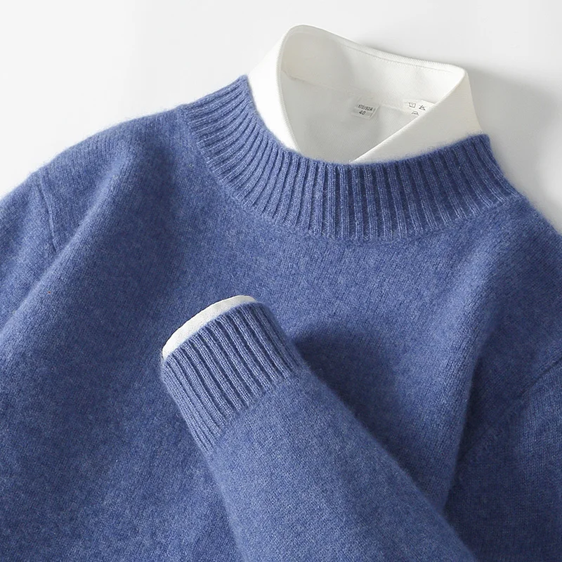 WOTEEWS 100% pure wool men's semi high neck sweater loose knit business casual men's long sleeved pullover sweater new product