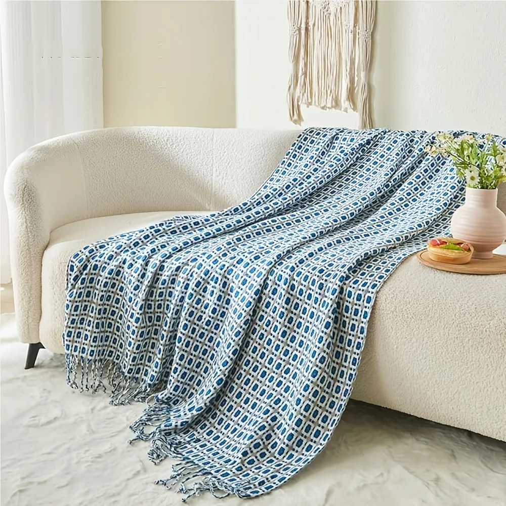 Boho Blue Knitted Throw Blanket with Tassels – Cozy Farmhouse Decor and Gift